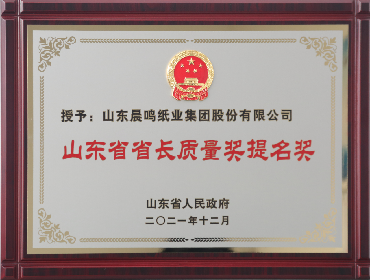 晨鳴集團榮獲第八屆山東省省長質量獎提名獎